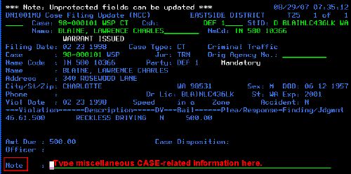 Note Field on NCC Screen