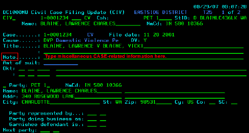 Note Field on the CIV Screen