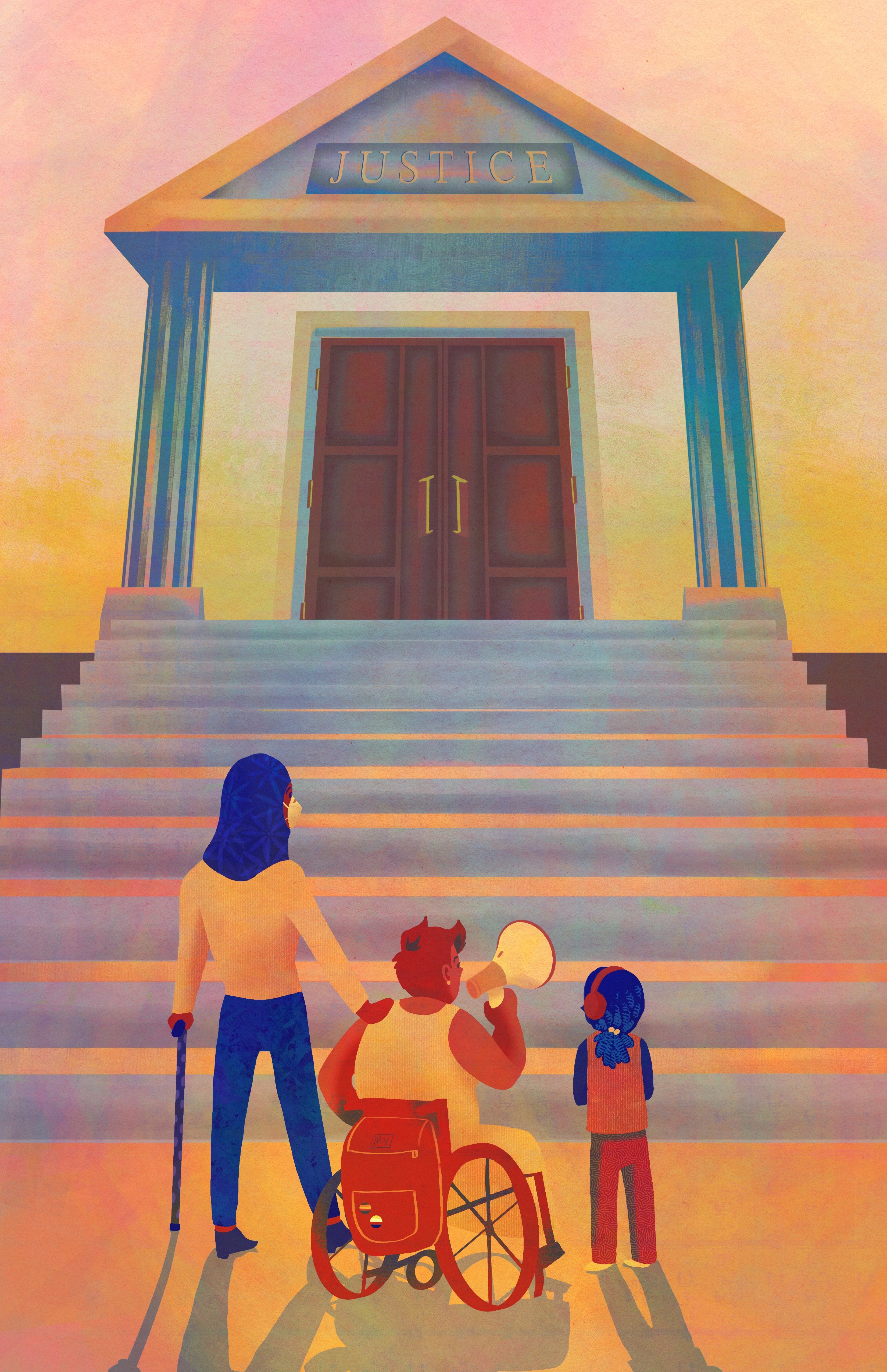 Illustrated artwork of three individuals with disabilities standing in front of a long staircase with a facade of a courthouse at the end