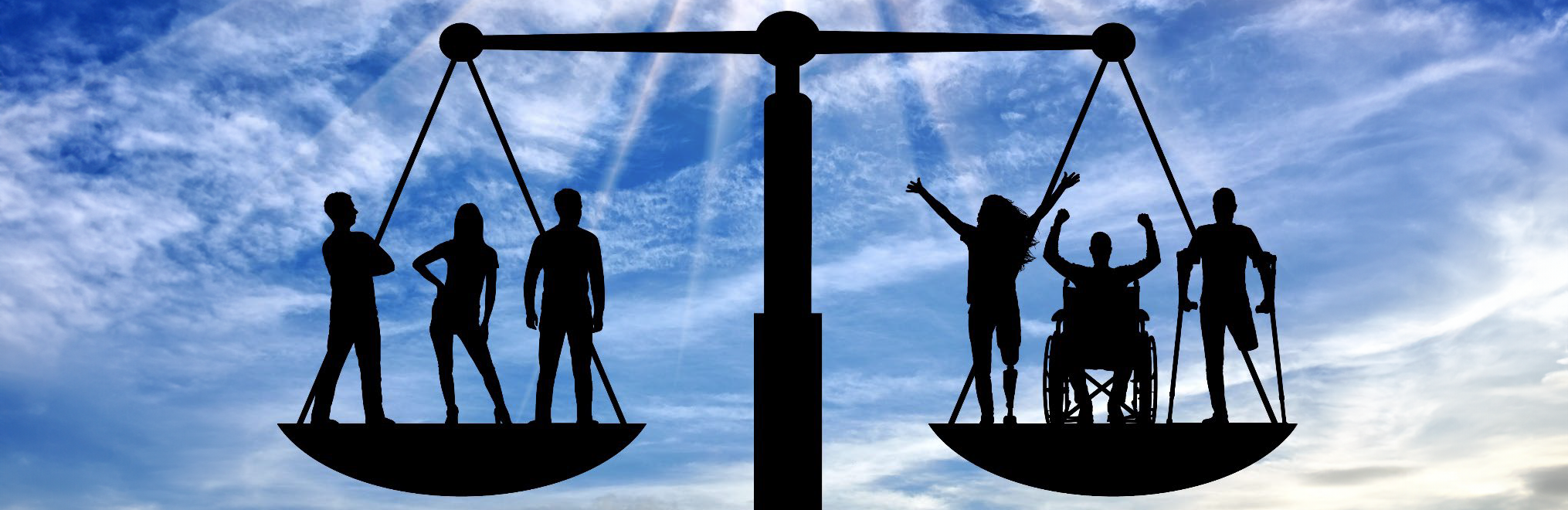 Justice scales displaying individuals with disabilites as equals to individuals without disabiliies