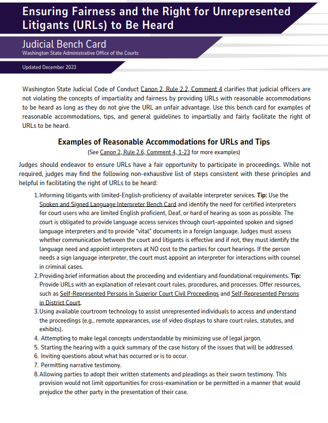 Cover image of the Ensuring Fairness and the Right for Unrepresented Litigants (URLs) to Be Heard Judicial Bench Card document