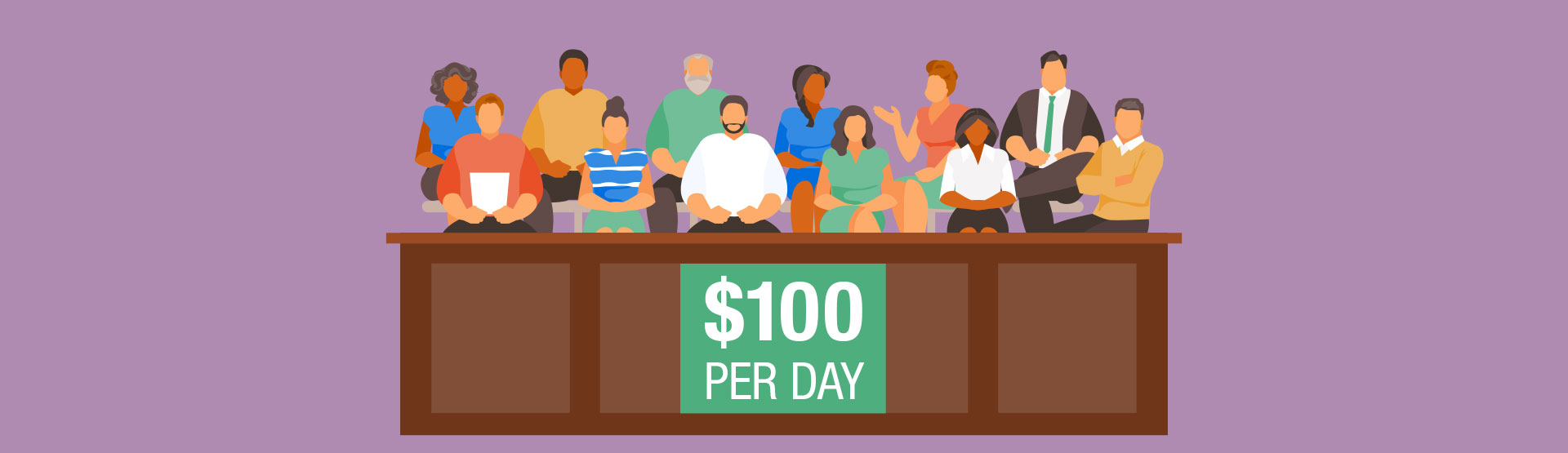 Background image of a diverse jury in a jury box with a sign on it that says 