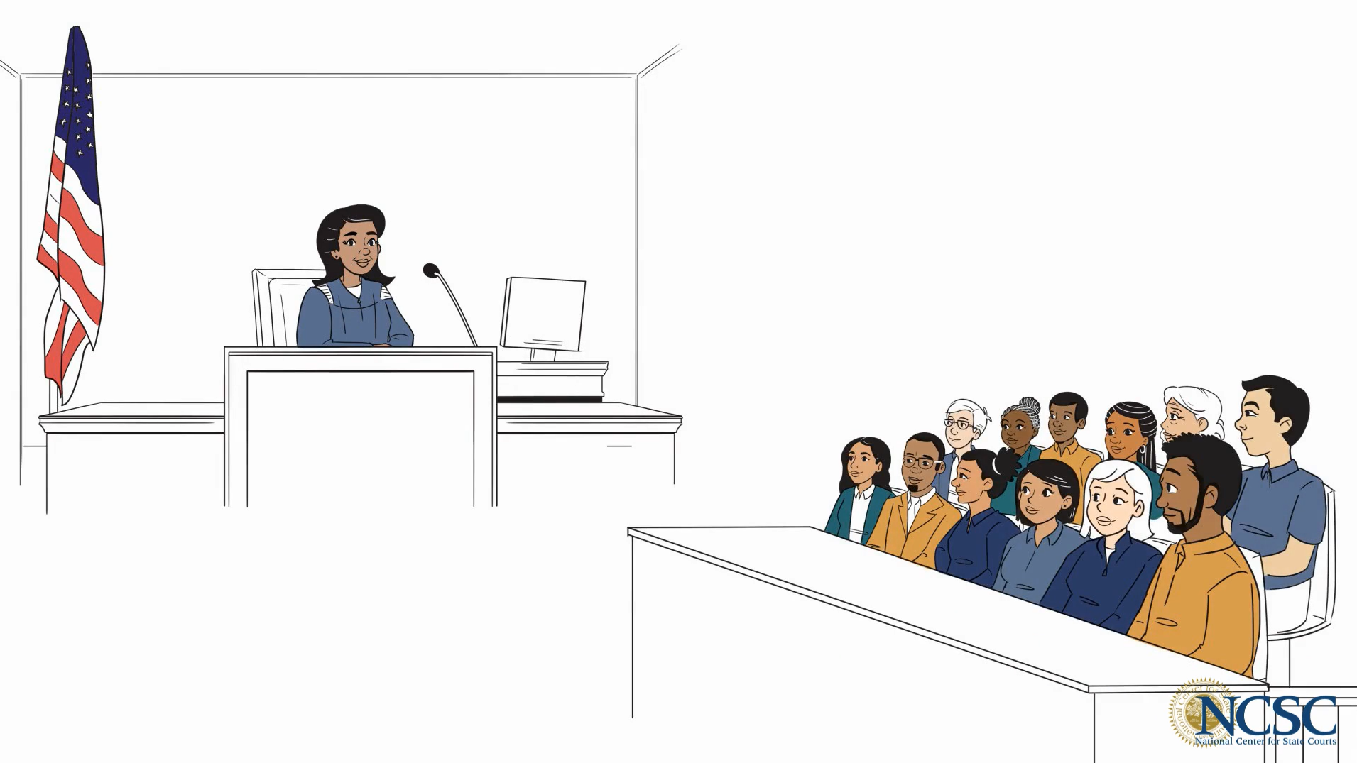 Illustrated courtroom with jury