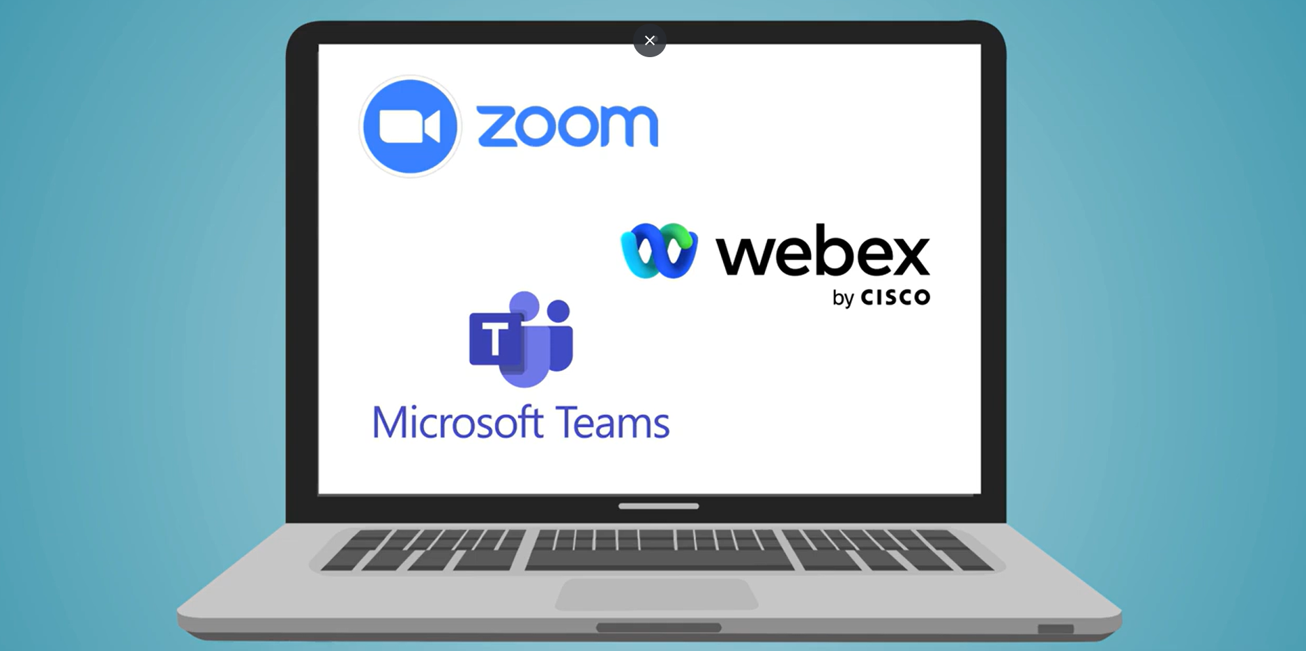 Laptop displaying Zoom, Teams, and WebEx logos