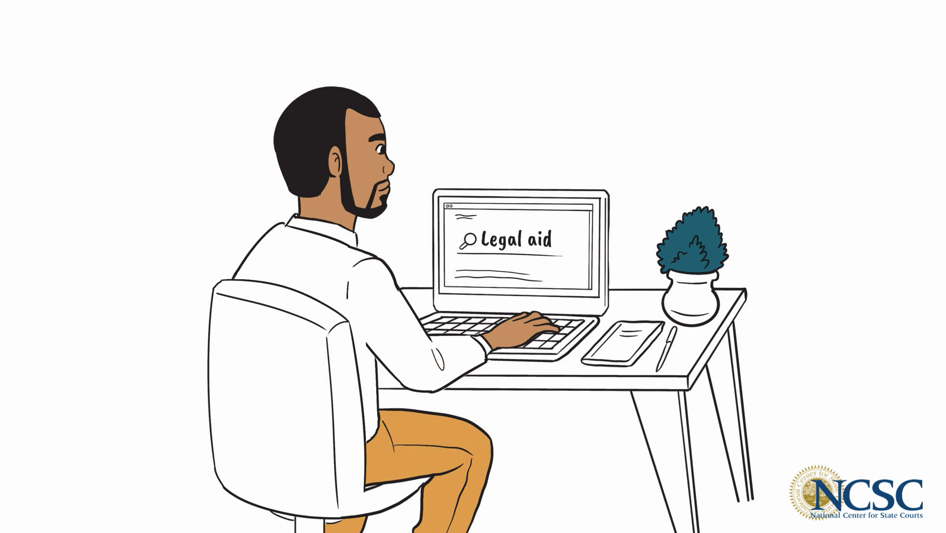 Illustrated person sitting at desk with laptop