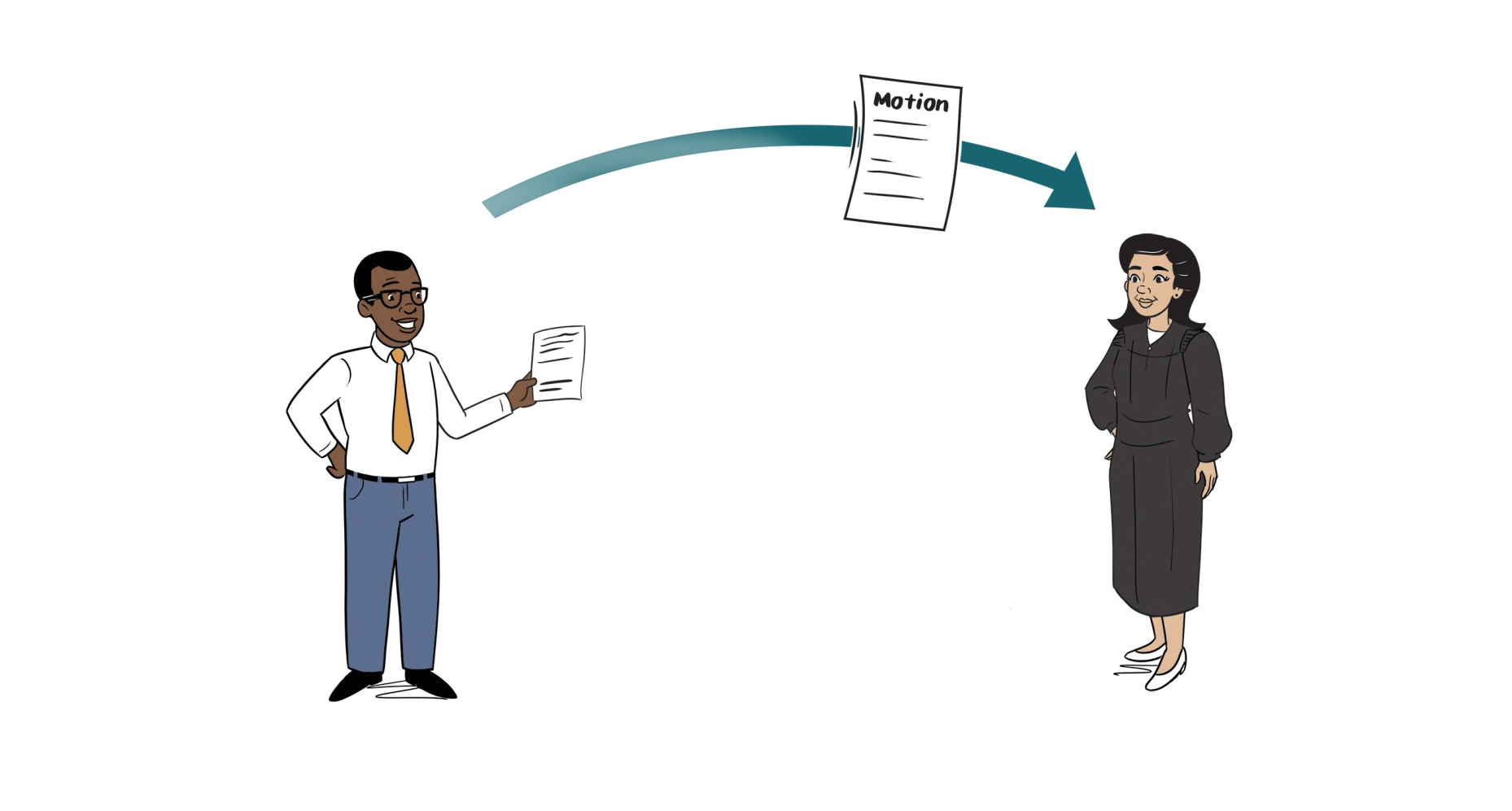 Illustrated person filing motions to judge